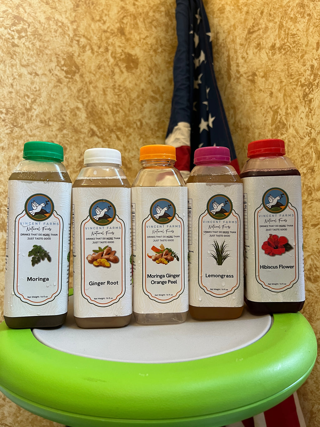 Vincent Farms full lineup of naturally grown cold herbal drinks — lemongrass, ginger, moringa, hibiscus, and moringa ginger orange peel. Refreshing, tart, and caffeine-free.