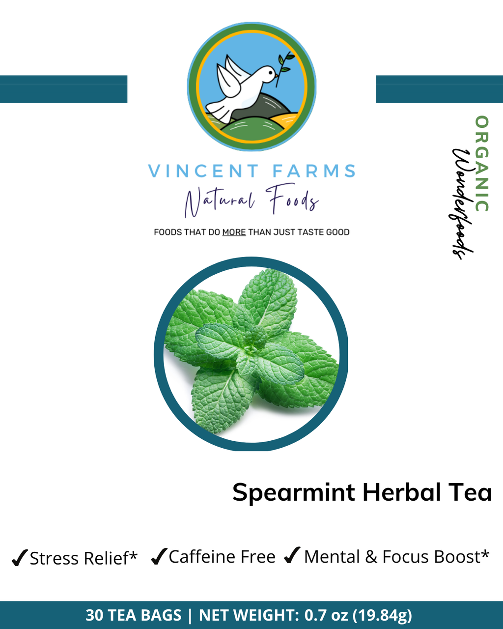 All Natural Spearmint Herbal Tea front box — 30 caffeine-free nausea and stress relief tea bags by Vincent Farms Natural Foods