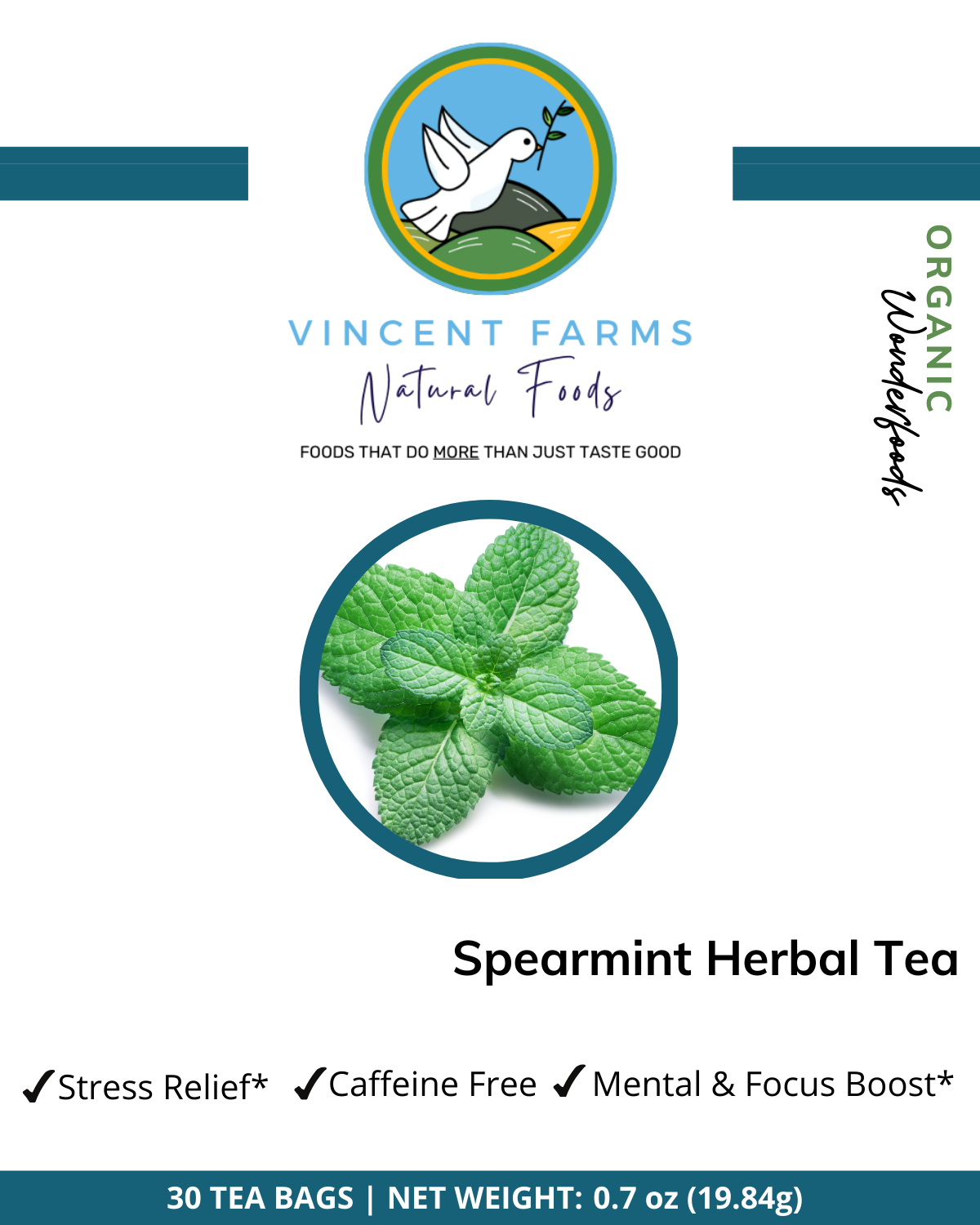 All Natural Spearmint Herbal Tea front box — 30 caffeine-free nausea and stress relief tea bags by Vincent Farms Natural Foods