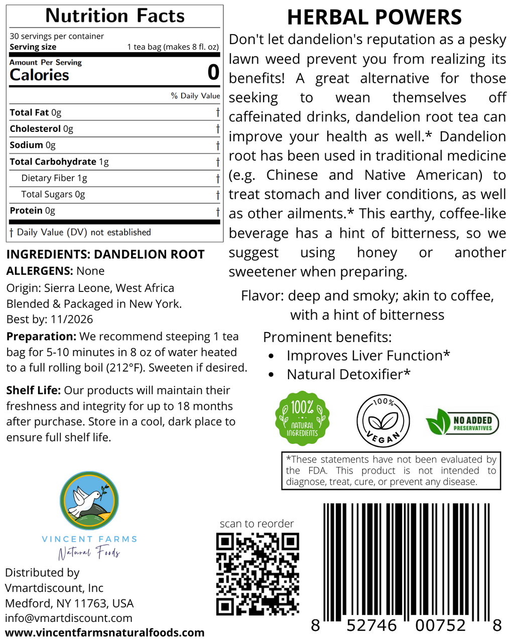 All Natural Roasted Dandelion Root Herbal Tea Pouch Back