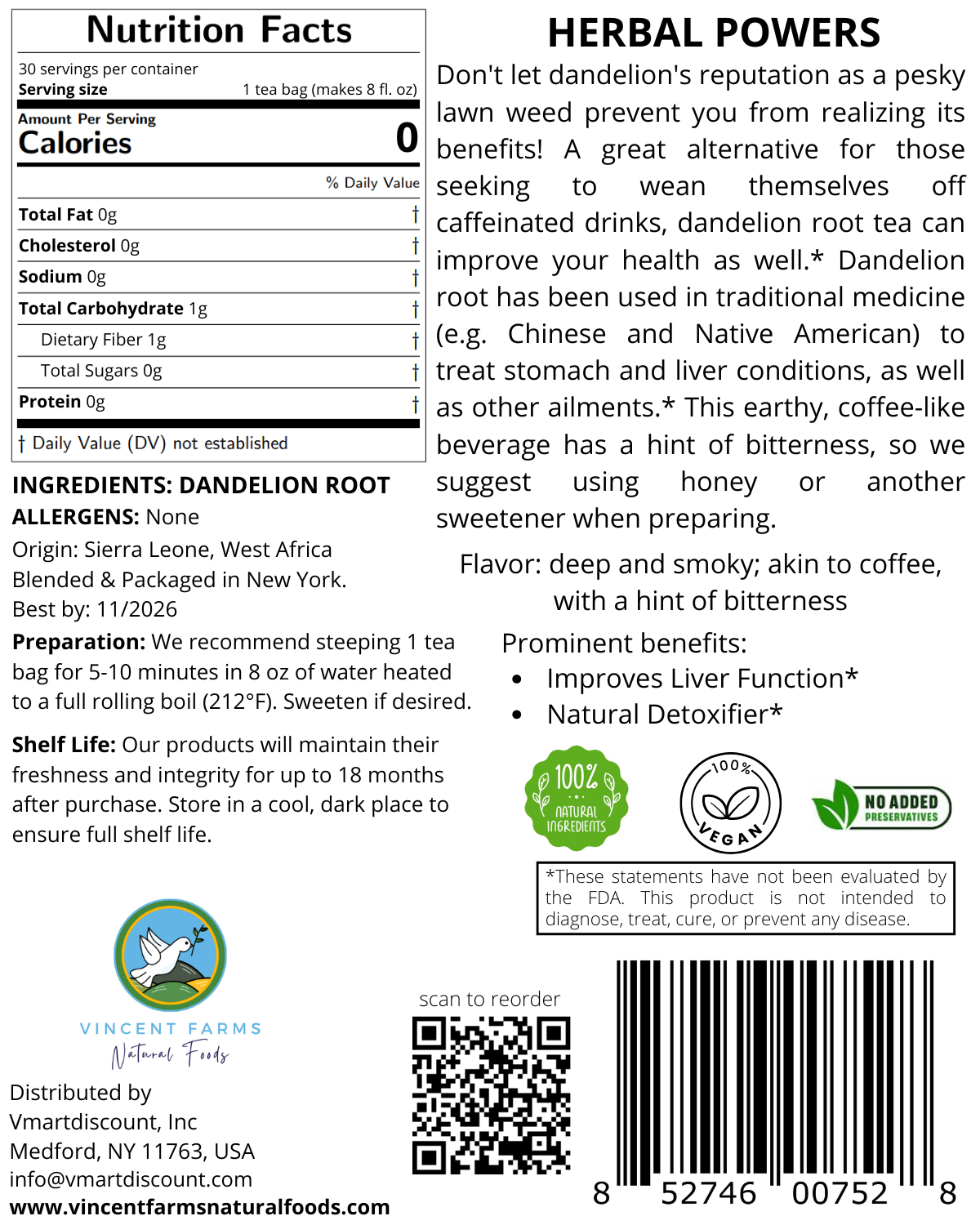 All Natural Roasted Dandelion Root Herbal Tea Pouch Back