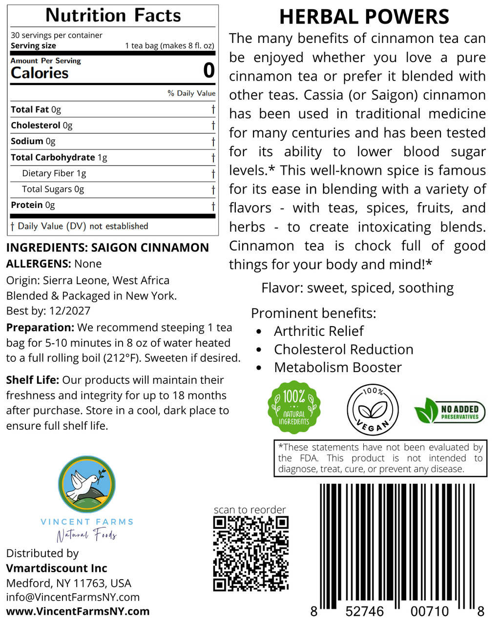 All Natural Cinnamon Herbal Tea – 30 Bags | Gluten Free, Sugar Free, Caffeine Free