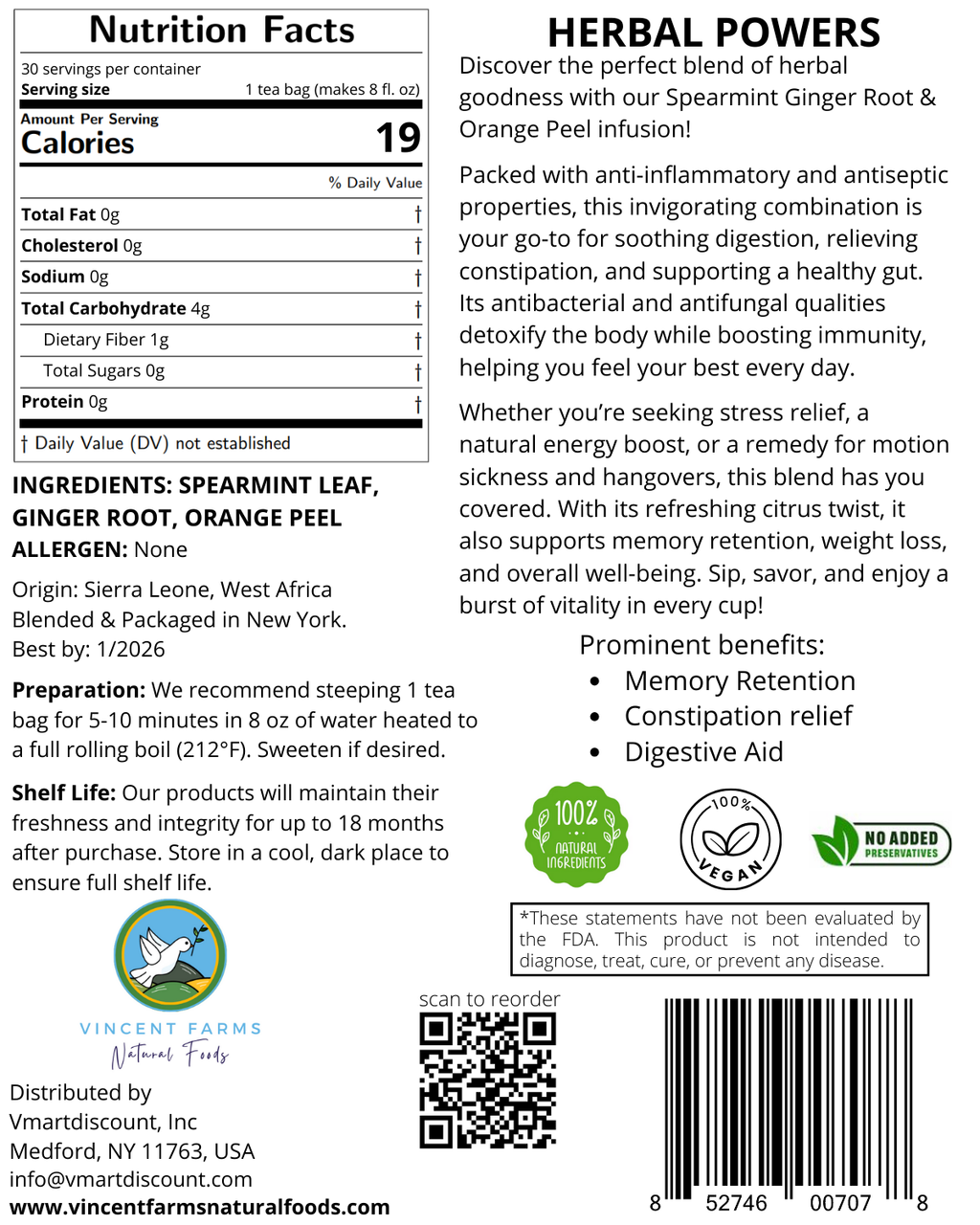 Back label of Spearmint Ginger Orange Peel Herbal Tea showing ingredients, brew directions, and West African farm-to-table origin
