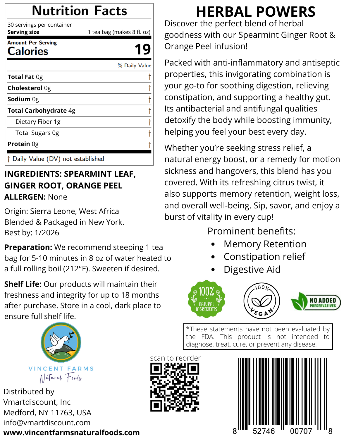 Back label of Spearmint Ginger Orange Peel Herbal Tea showing ingredients, brew directions, and West African farm-to-table origin