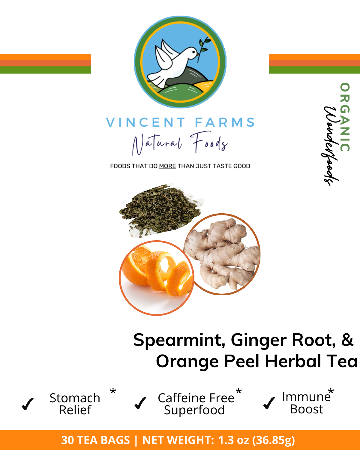Spearmint Ginger Orange Peel Herbal Tea | Caffeine-Free, All Natural | 30 Tea Bags