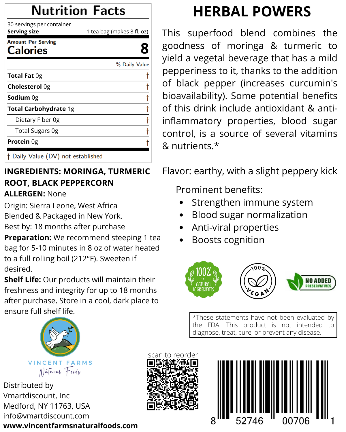 Back label of Moringa & Turmeric Root Herbal Tea showing ingredients, brew directions, and West African farm-to-table origin