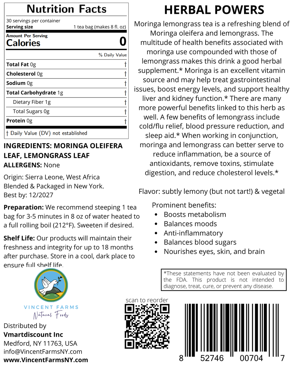Back label of Moringa & Lemongrass Herbal Tea showing ingredients, steeping directions, and farm-to-table origin story
