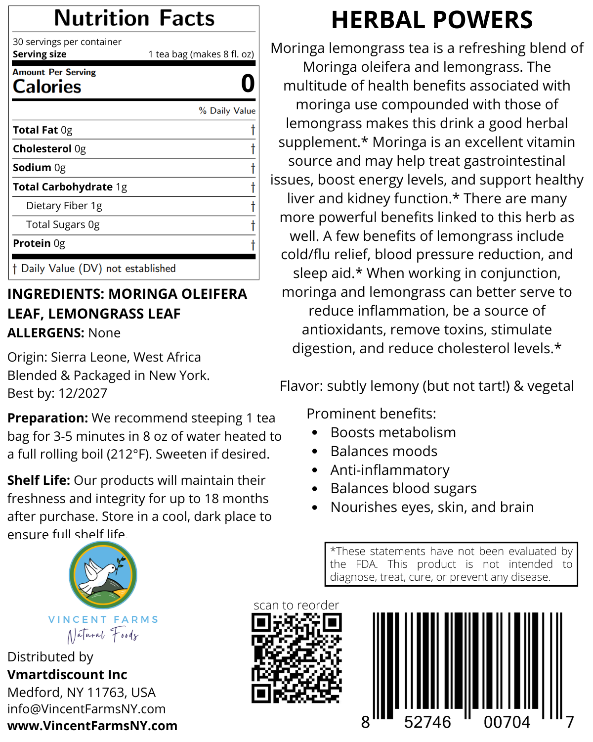 Back label of Moringa & Lemongrass Herbal Tea showing ingredients, steeping directions, and farm-to-table origin story
