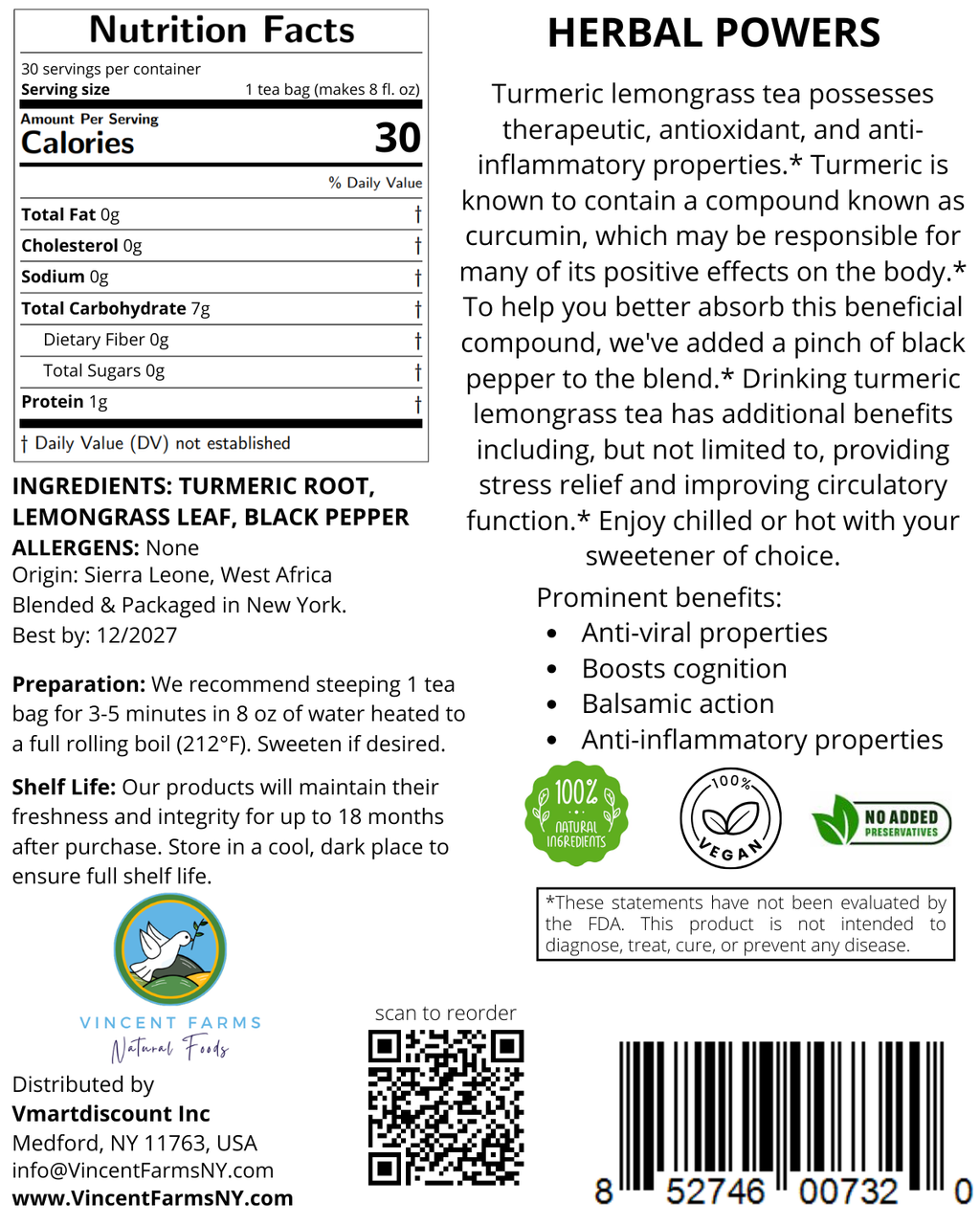 Back label of Turmeric & Lemongrass Herbal Tea showing ingredients, brew directions, and West African farm-to-table origin