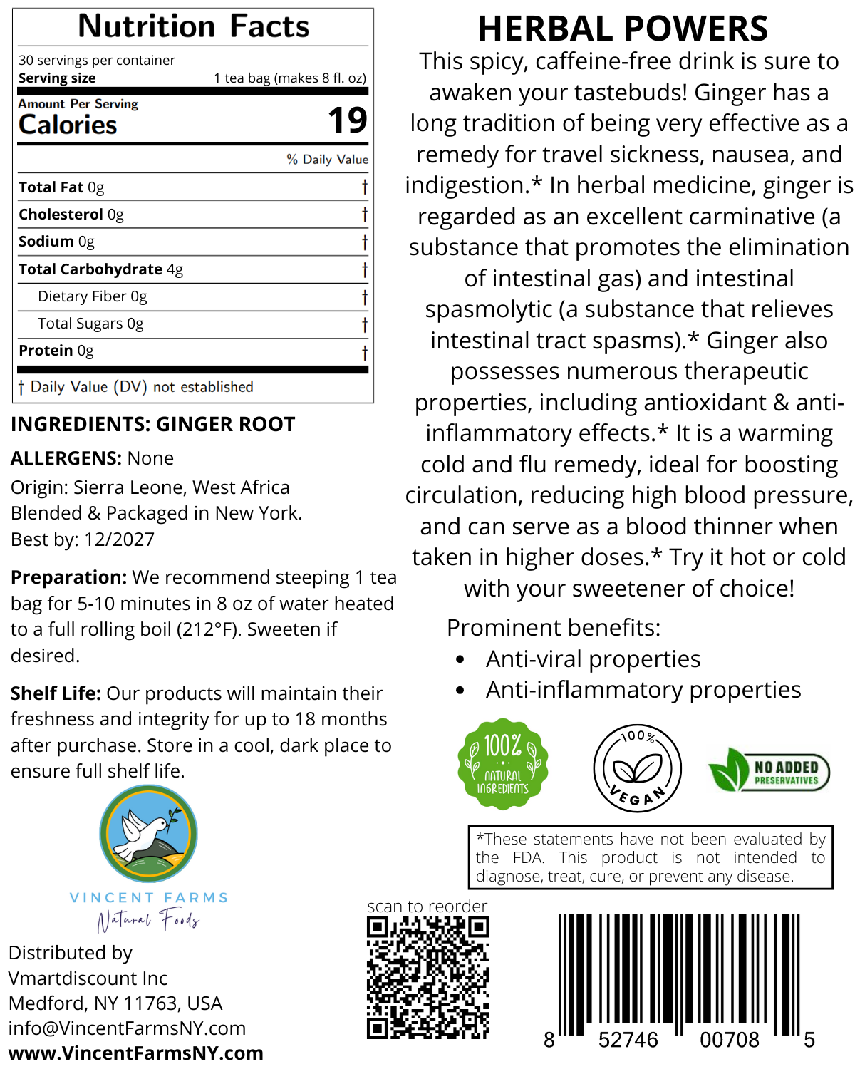 All Natural Ginger Root Herbal Tea – Anti-Nausea, Anti-Inflammatory & Digestive Support (30 Bags)