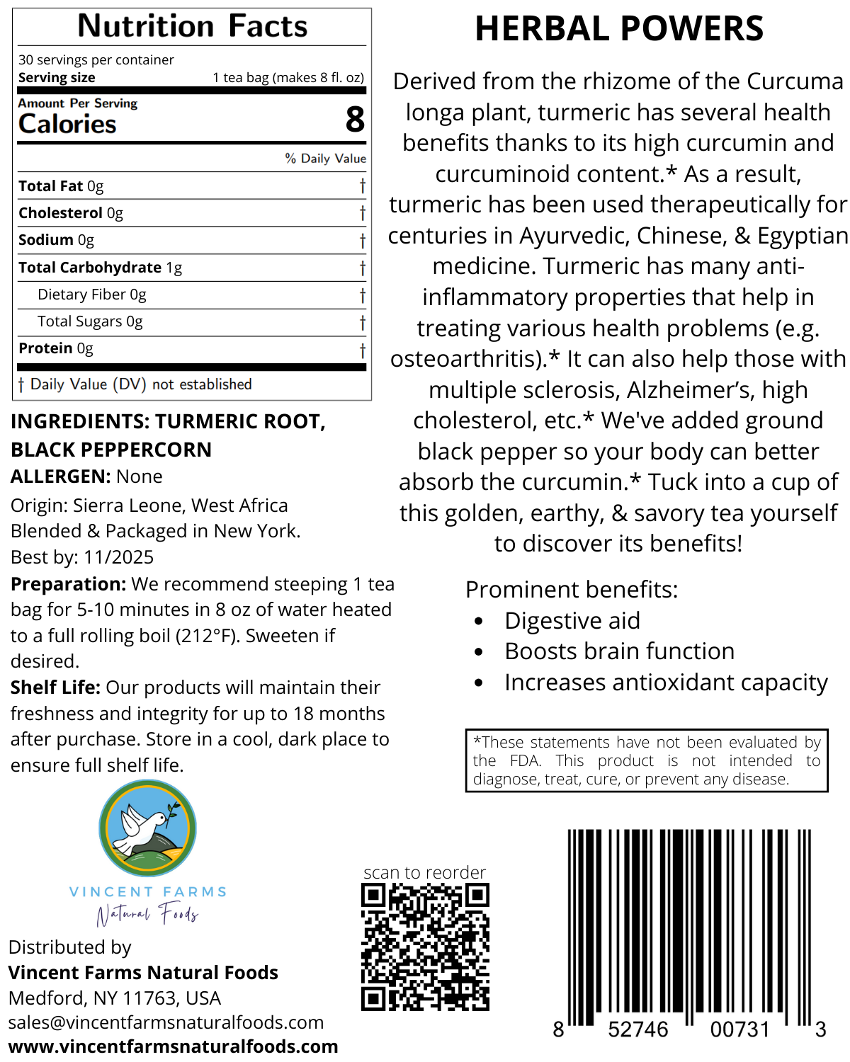 Back label of Turmeric Root Herbal Tea showing ingredients, brew directions, and West African farm-to-table origin