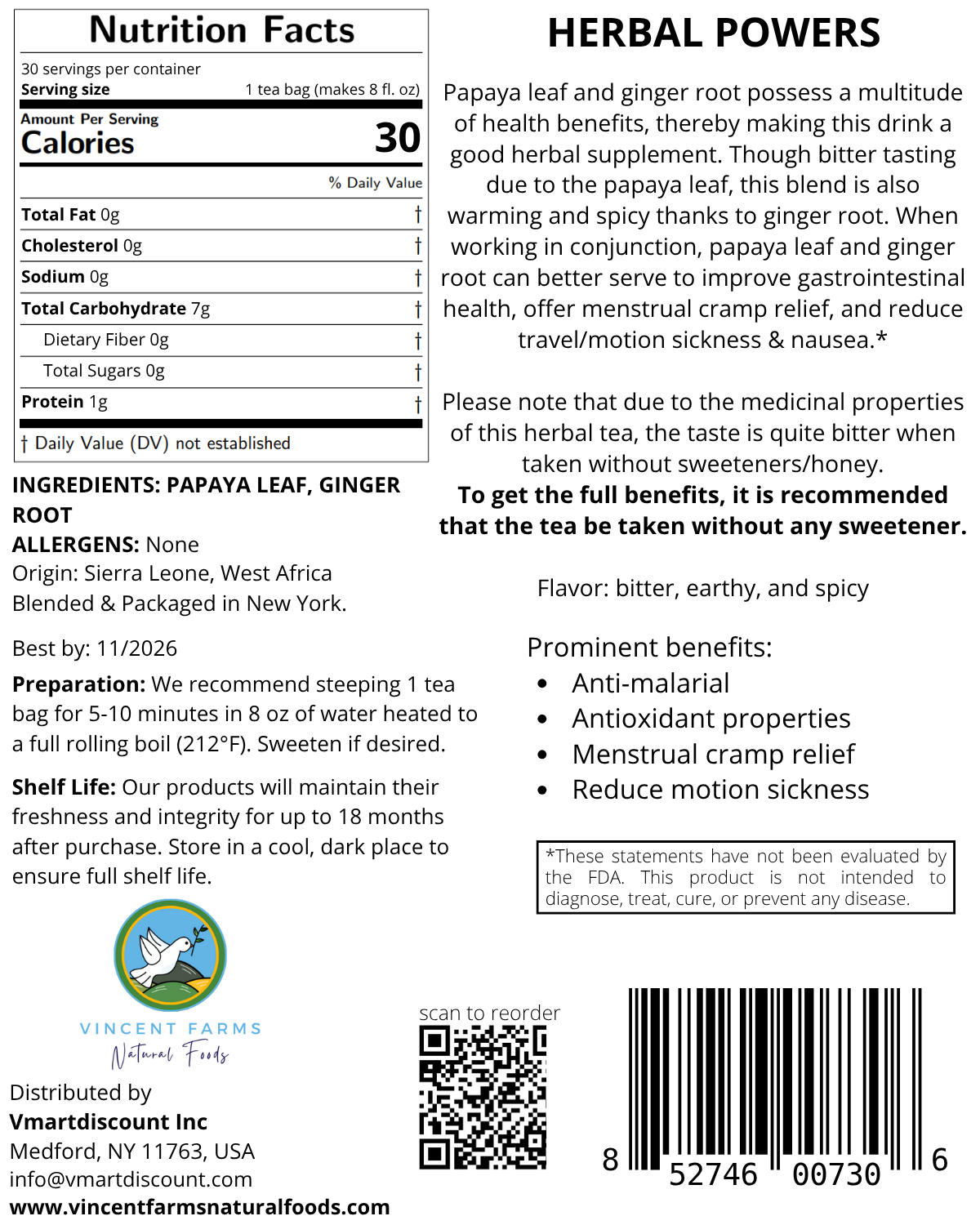 Back label of Papaya Leaf & Ginger Root Herbal Tea showing ingredients, brew directions, and West African farm-to-table origin