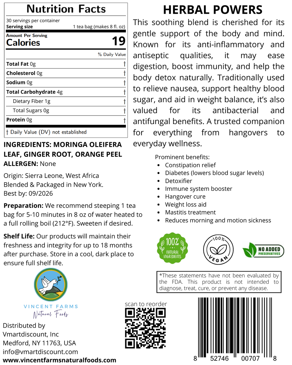 Moringa Oleifera Ginger Root & Orange Peel Herbal Tea Pouch Back