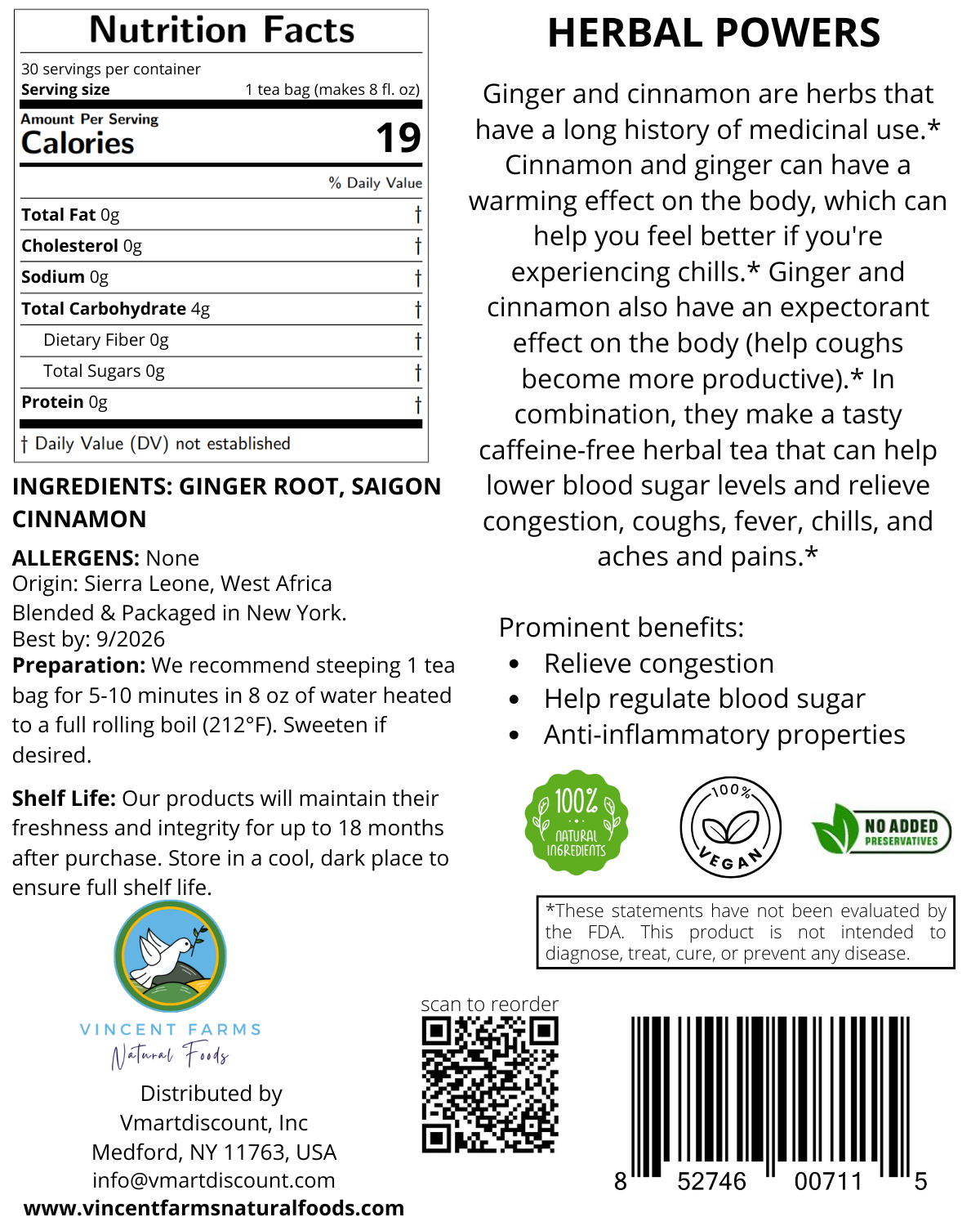 All Natural Ginger Root & Cinnamon Herbal Tea – Immune Support, Cold Relief & Caffeine-Free (30 Bags)