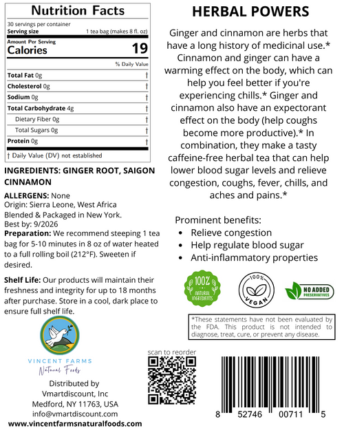All Natural Ginger Root & Cinnamon Herbal Tea – Immune Support, Cold Relief & Caffeine-Free (30 Bags)