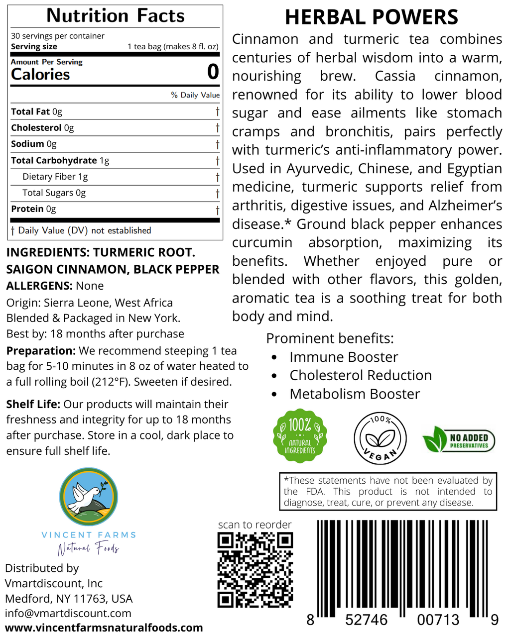 Back label of Turmeric & Cinnamon Herbal Tea showing ingredients, brew directions, and West African farm-to-table origin