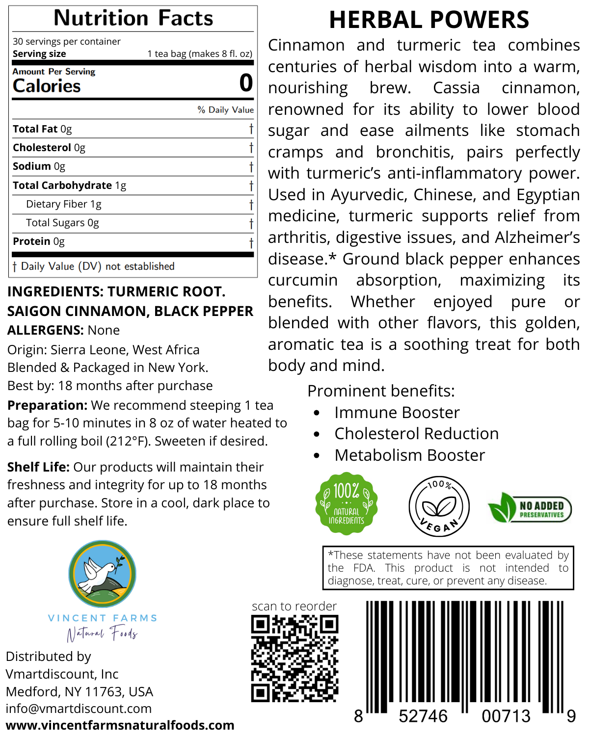 Back label of Turmeric & Cinnamon Herbal Tea showing ingredients, brew directions, and West African farm-to-table origin