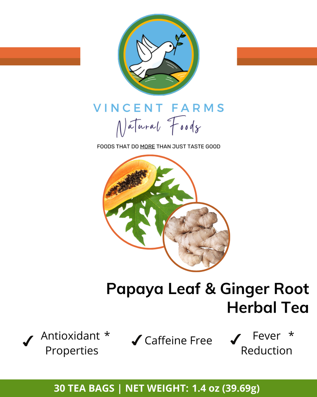All Natural Papaya Leaf & Ginger Root Herbal Tea front box — 30 caffeine-free digestive support tea bags by Vincent Farms Natural Foods
