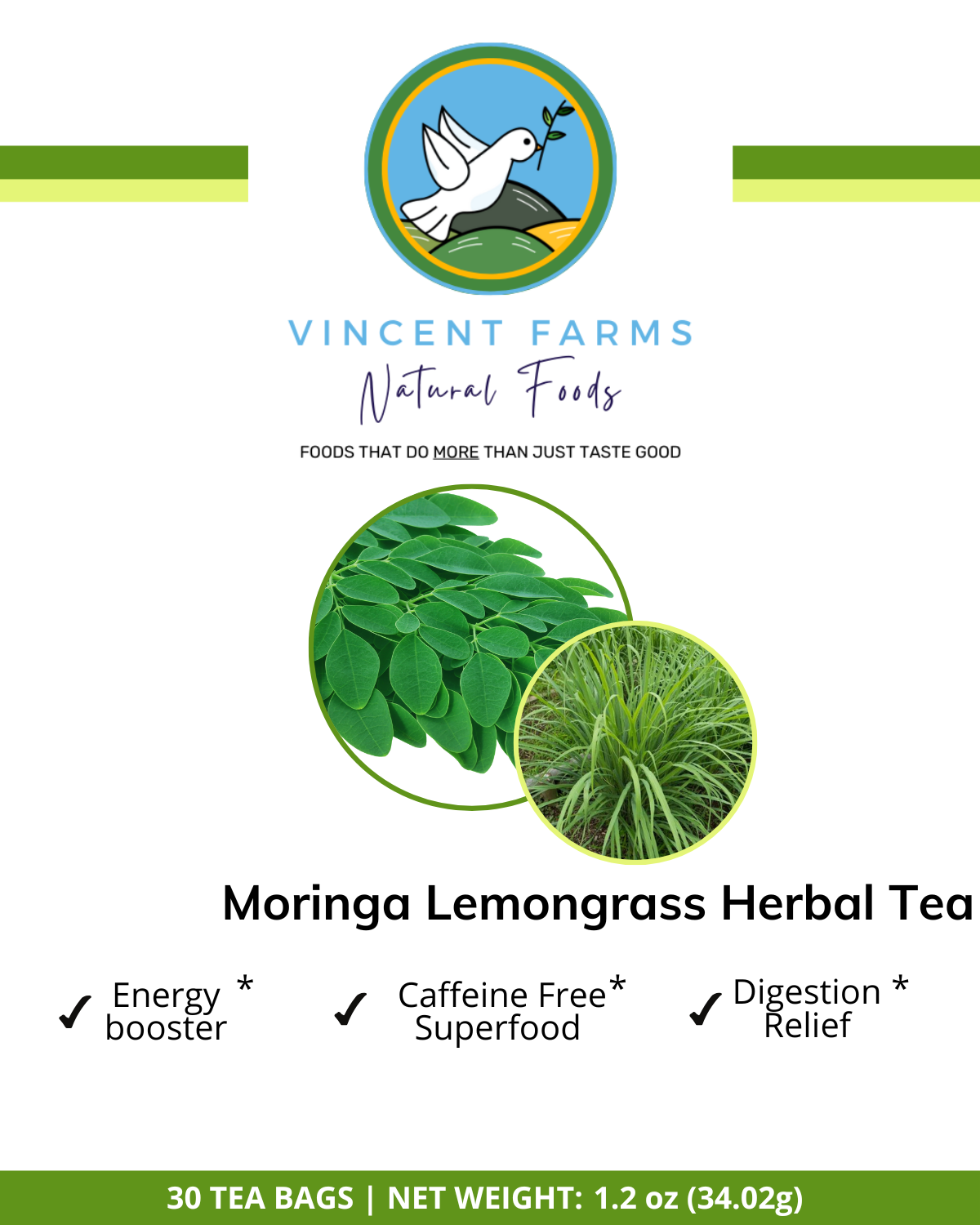 All Natural Moringa & Lemongrass Herbal Tea front box — 30 caffeine-free tea bags by Vincent Farms Natural Foods