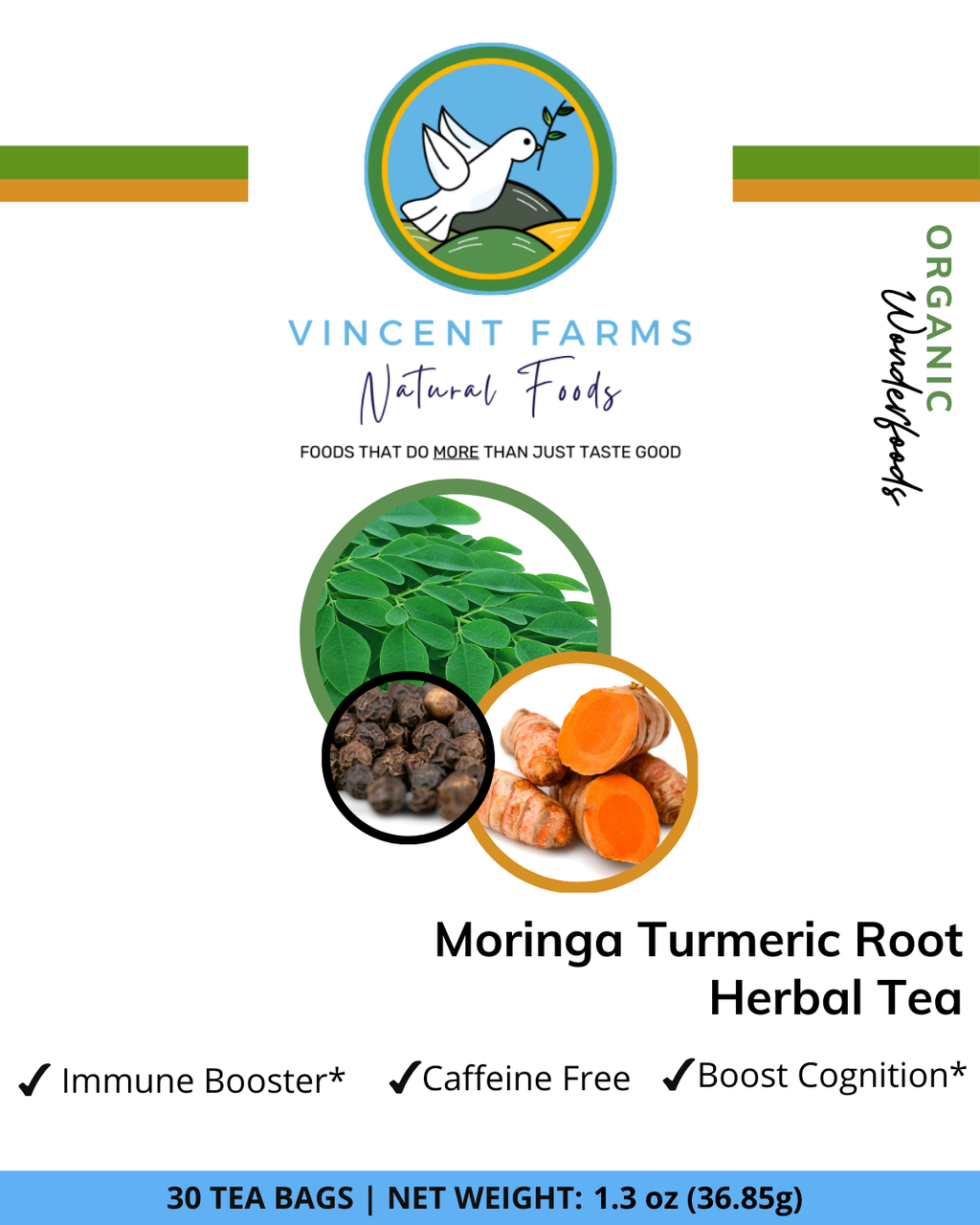 All Natural Moringa & Turmeric Root Herbal Tea front box — 30 caffeine-free anti-inflammatory tea bags by Vincent Farms Natural Foods