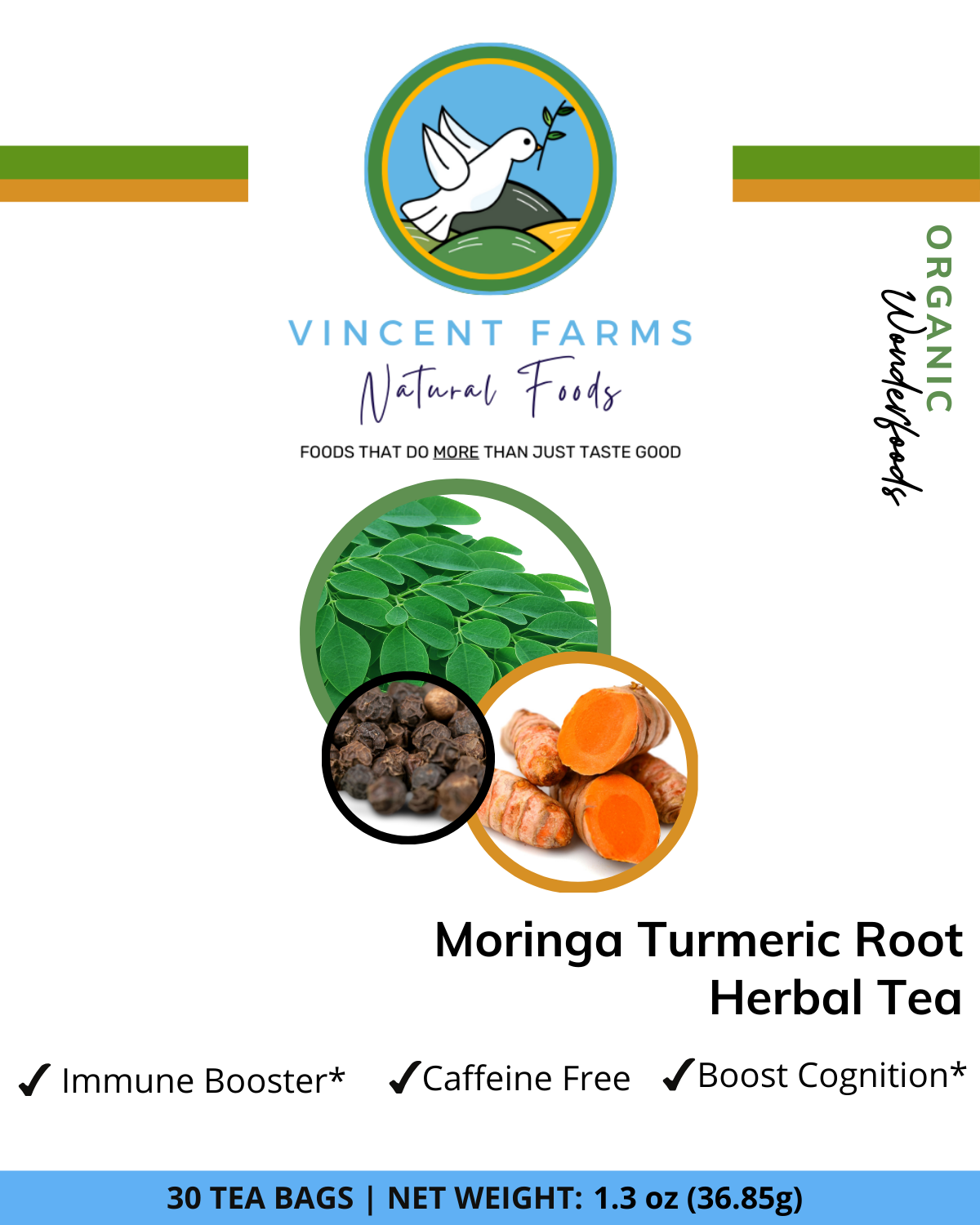 All Natural Moringa & Turmeric Root Herbal Tea front box — 30 caffeine-free anti-inflammatory tea bags by Vincent Farms Natural Foods