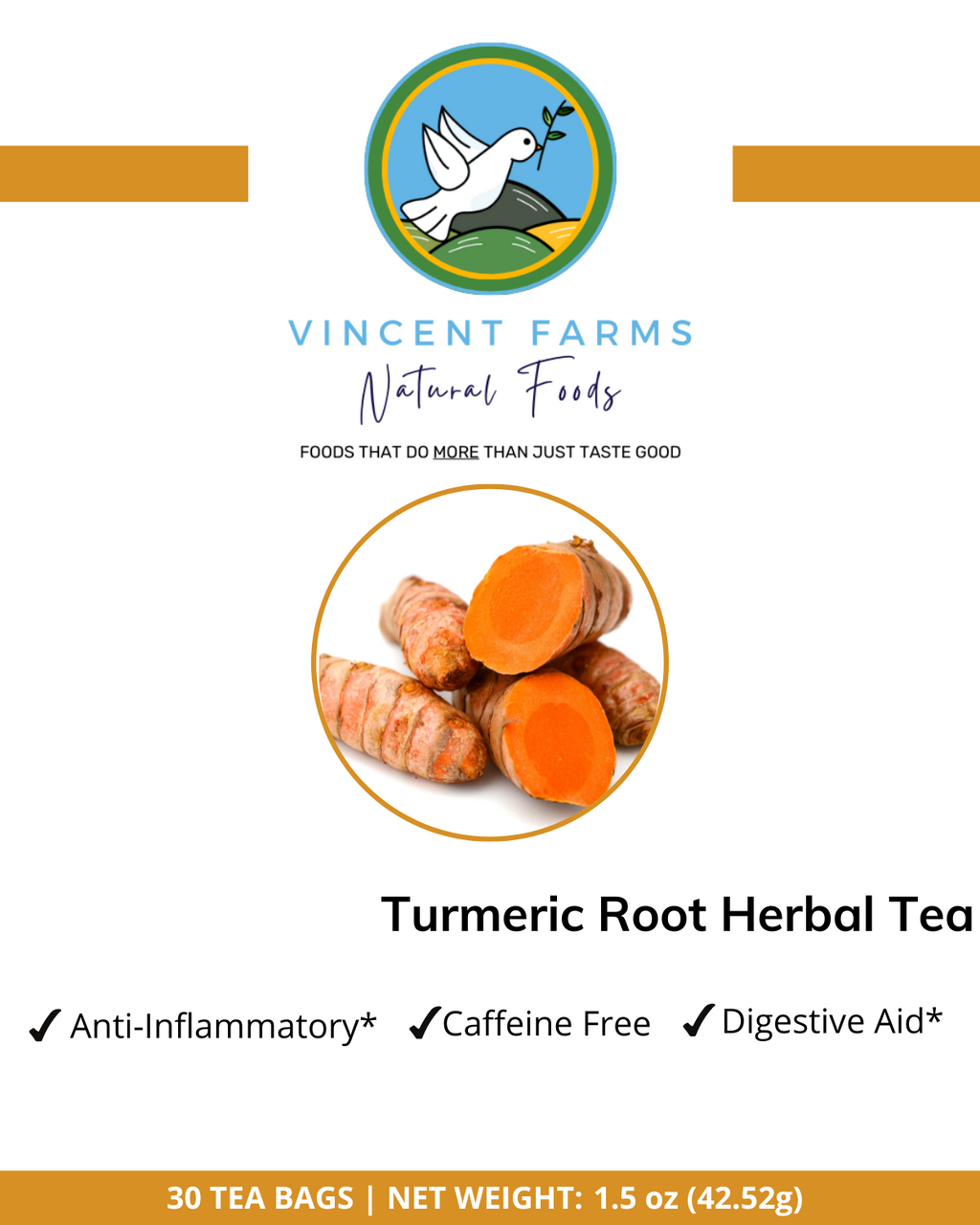 All Natural Turmeric Root Herbal Tea front box — 30 caffeine-free anti-inflammatory tea bags by Vincent Farms Natural Foods