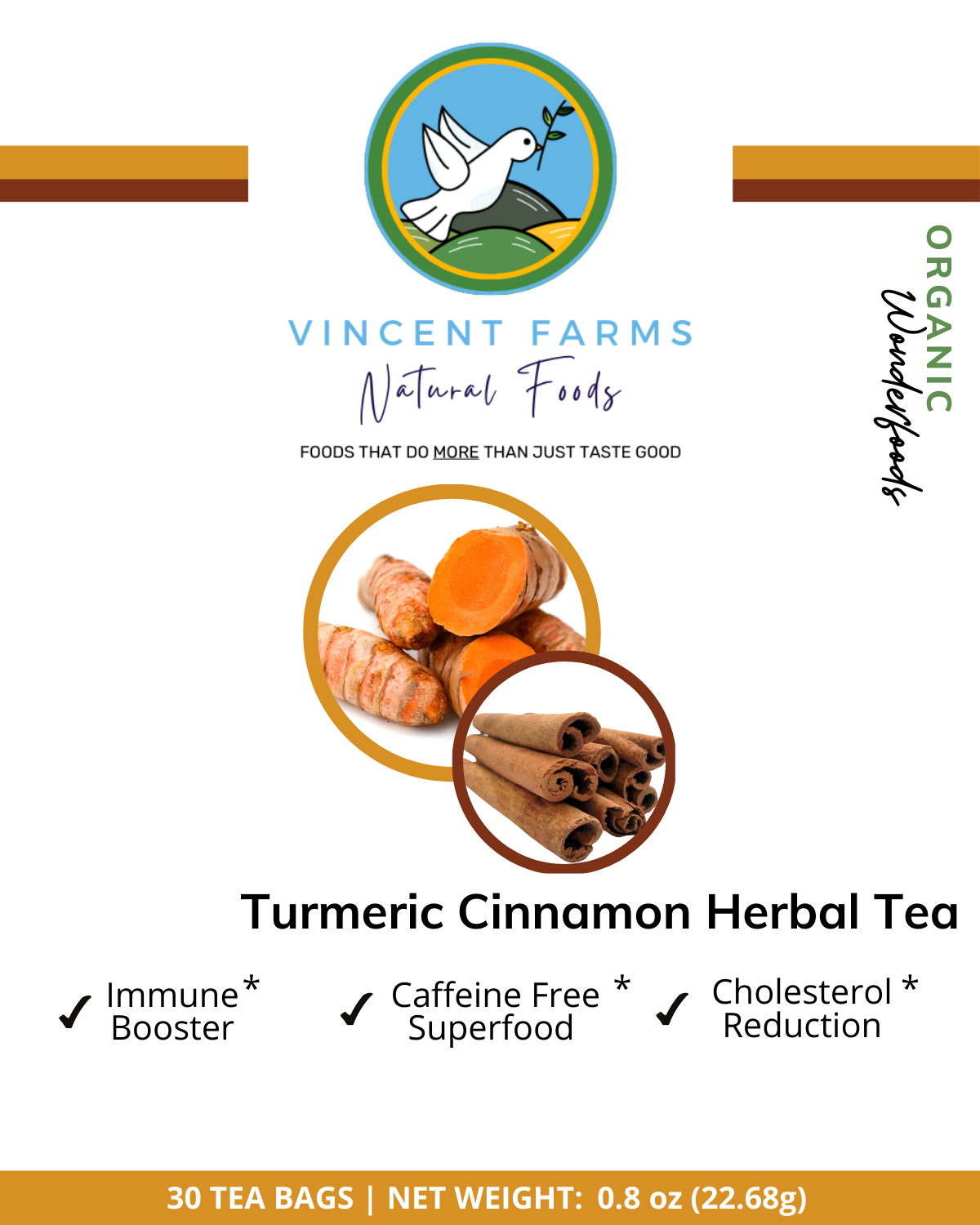All Natural Turmeric & Cinnamon Herbal Tea front box — 30 caffeine-free anti-inflammatory tea bags by Vincent Farms Natural Foods