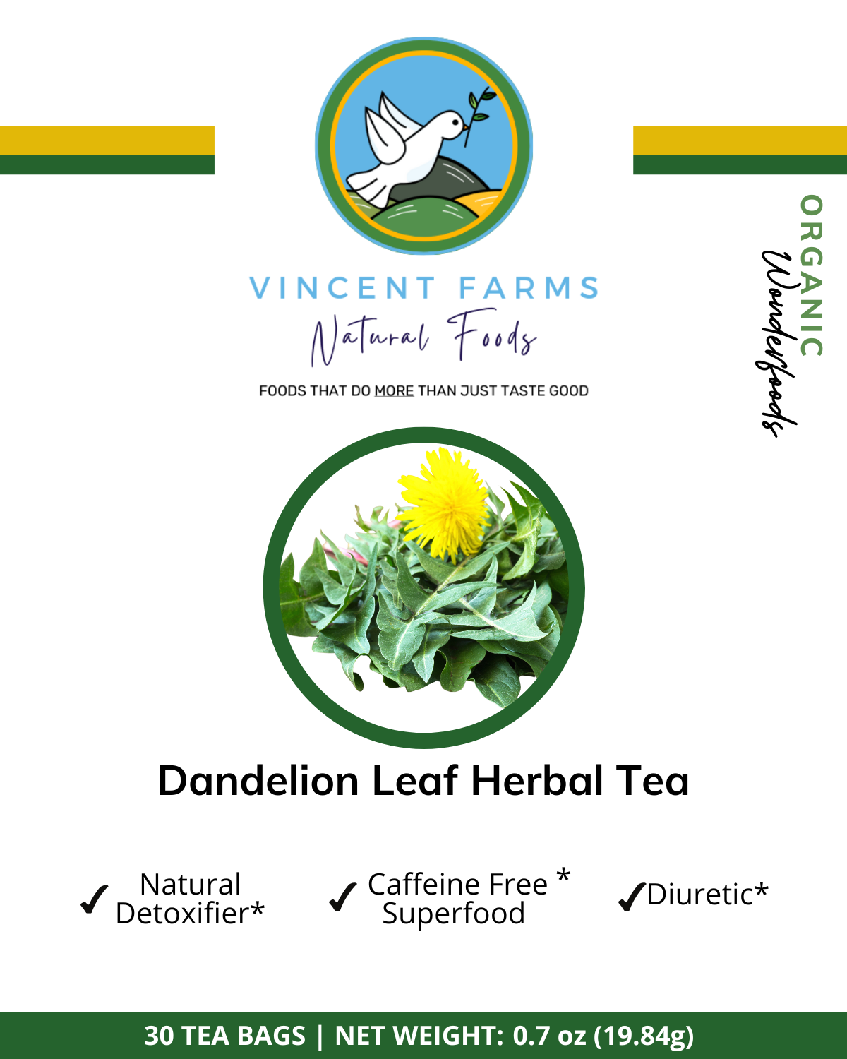 Dandelion Leaf Herbal Tea 30 bags — caffeine-free, natural detox support by Vincent Farms Natural Foods