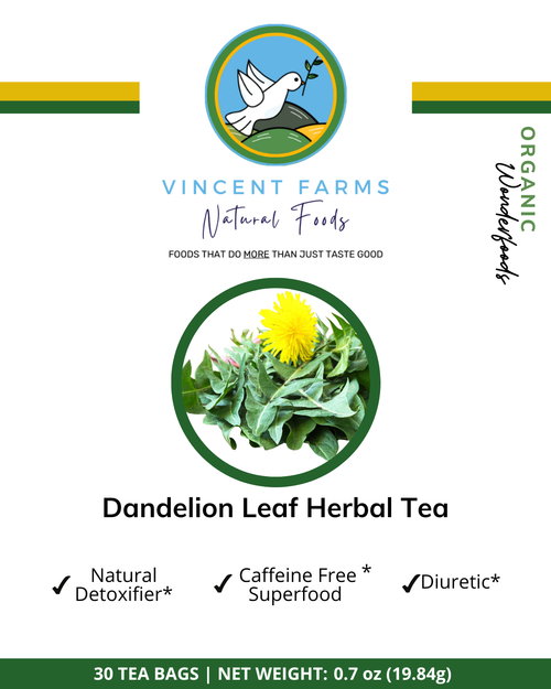 Front packaging label for Vincent Farms Natural Foods Dandelion Leaf Herbal Tea, showing the brand logo