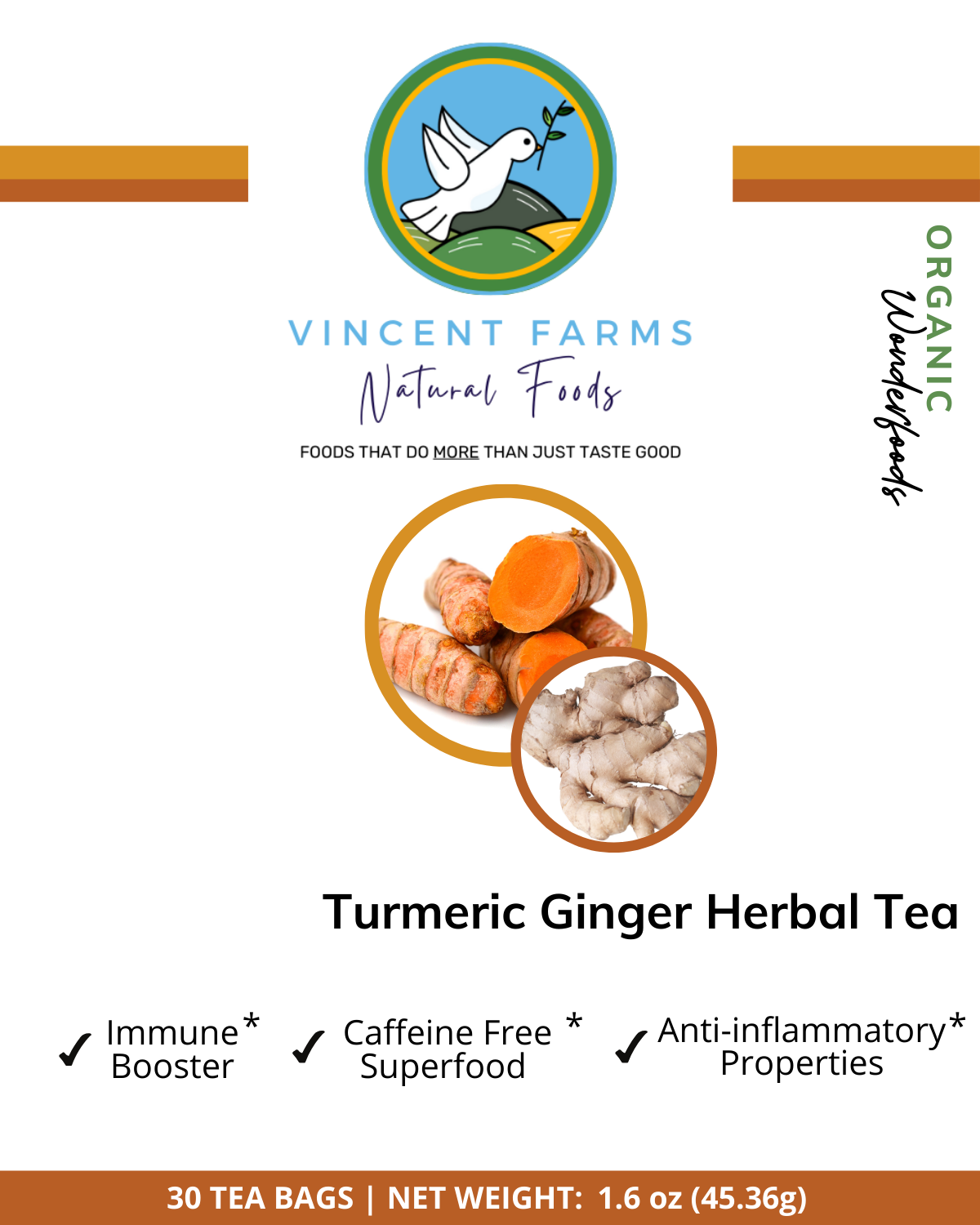 All Natural Turmeric & Ginger Root Herbal Tea front box — 30 caffeine-free anti-inflammatory tea bags by Vincent Farms Natural Foods