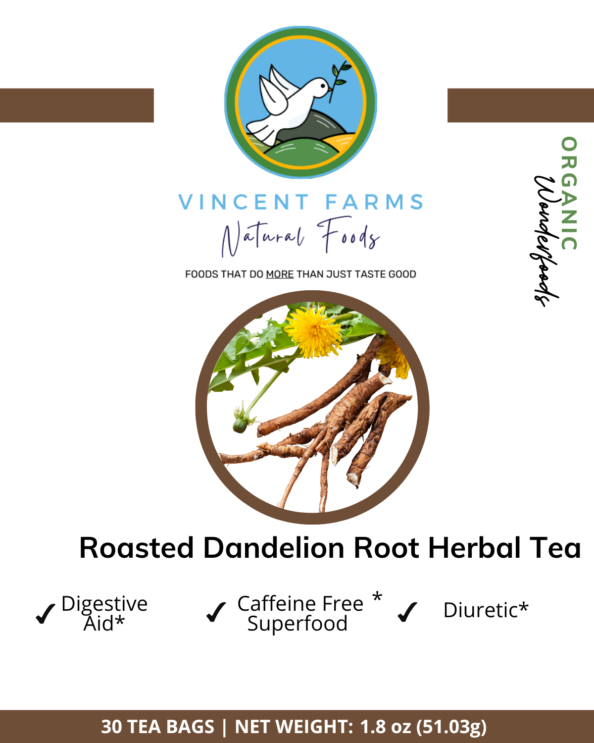 All Natural Roasted Dandelion Root Herbal Tea Pouch Front