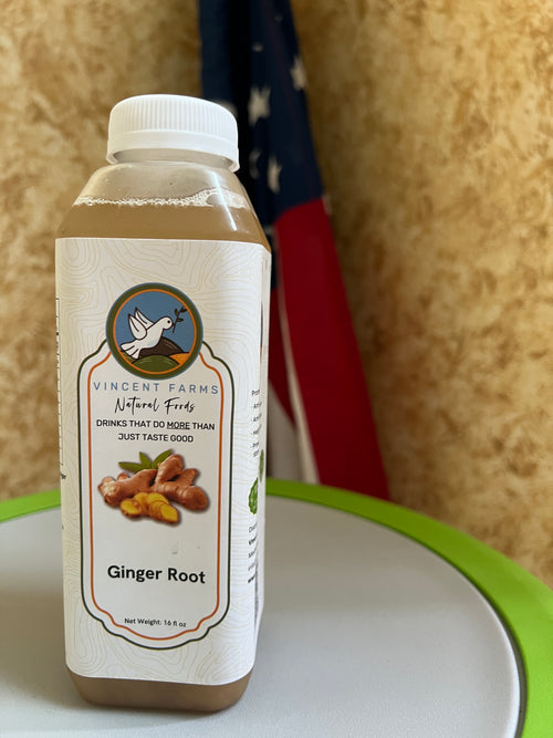 Naturally Grown Ginger Cold Herbal Drink bottle — spicy, antioxidant-rich, caffeine-free refreshment by Vincent Farms Natural Foods