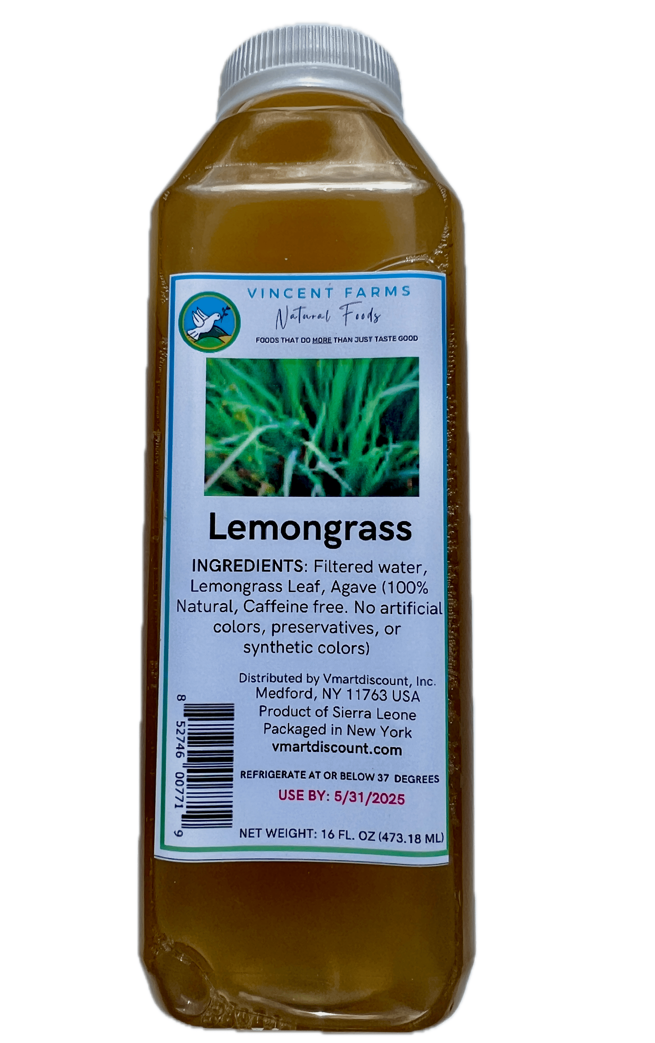 Bottle of Vincent Farms Lemongrass herbal tea with label on a green background