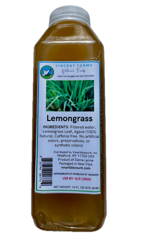 Bottle of Vincent Farms Lemongrass herbal tea with label on a green background