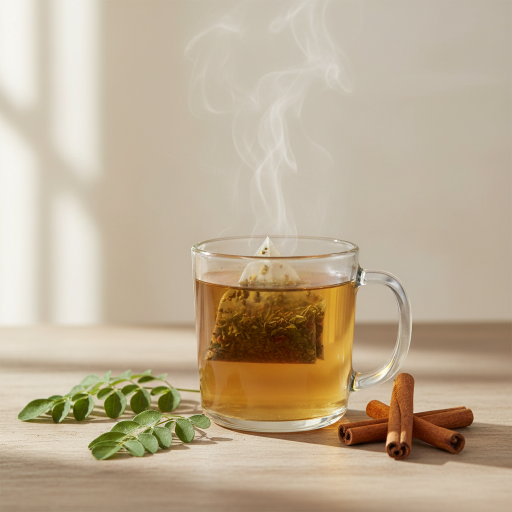 Moringa Cinnamon Herbal Tea. Contains plant compounds and vitamins.