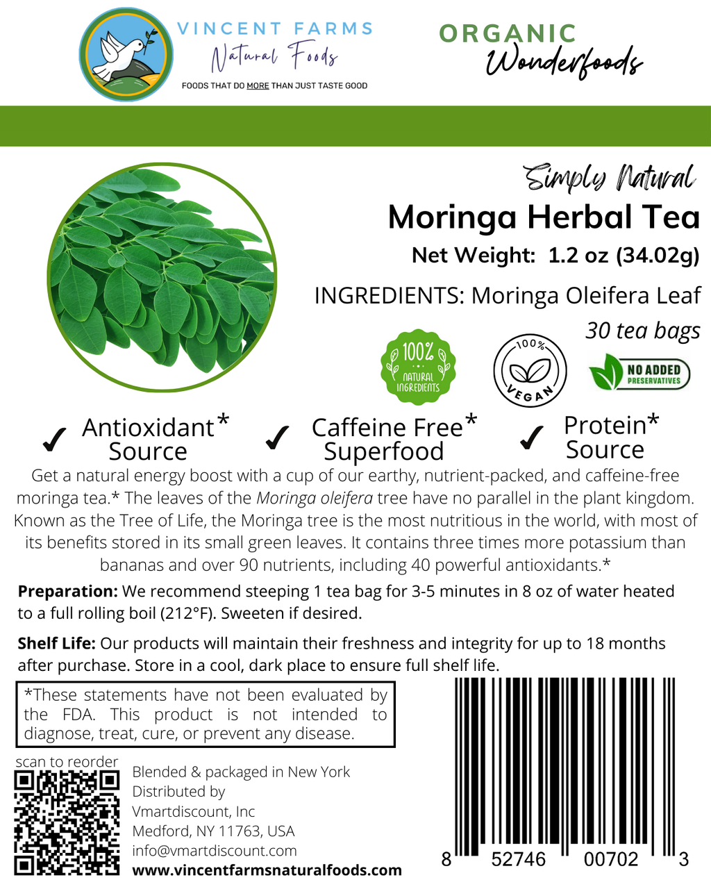 All Natural Moringa Herbal Tea Product Label