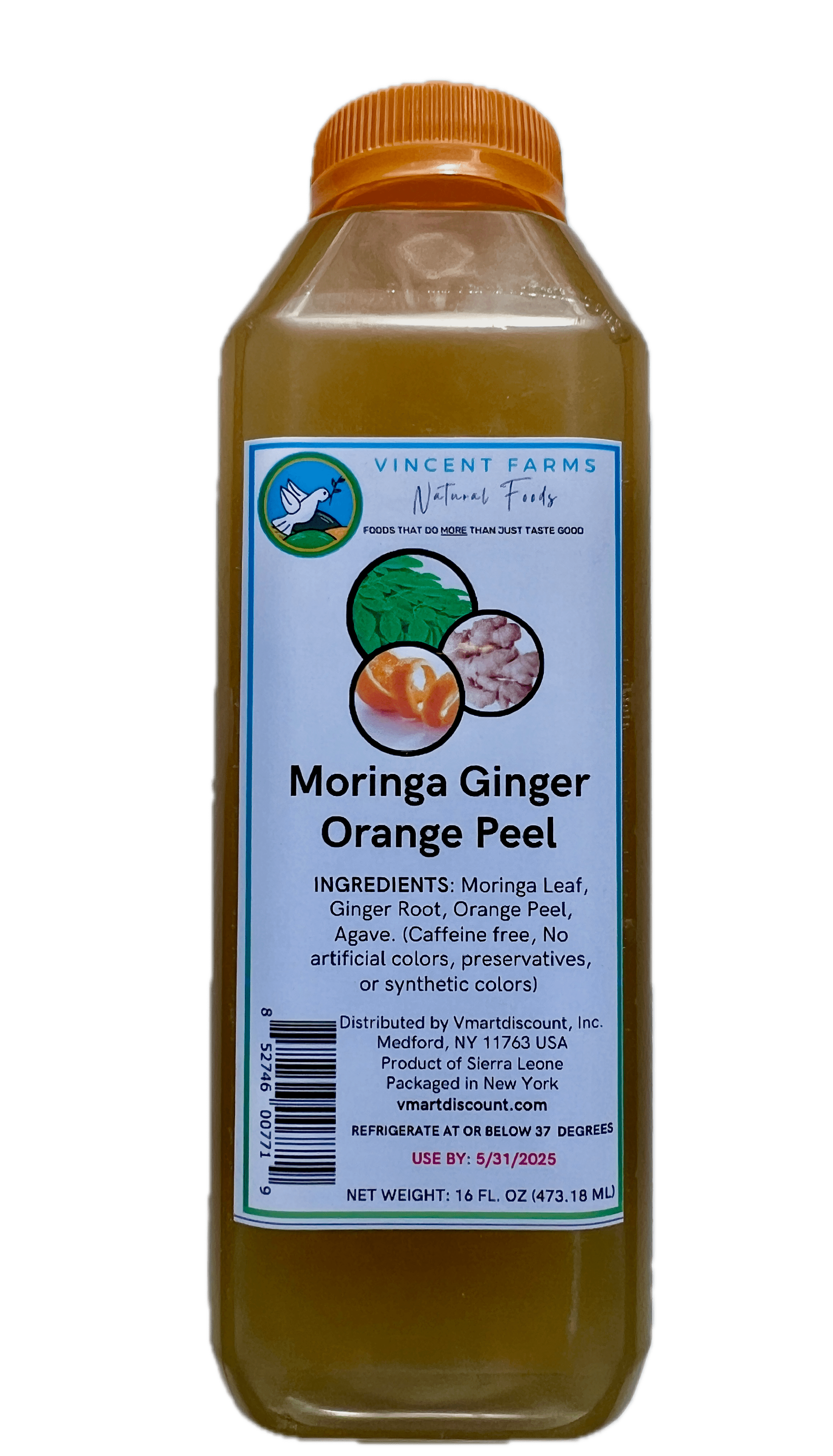 Bottle of Moringa Ginger Orange Peel herbal tea with label on a green background