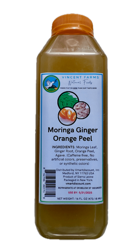 Bottle of Moringa Ginger Orange Peel herbal tea with label on a green background