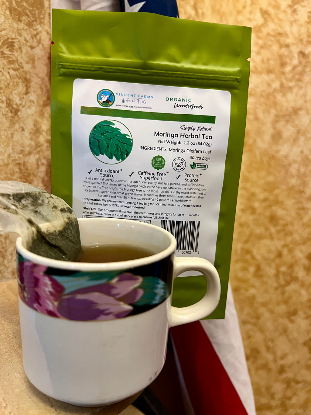 All Natural Moringa Herbal Tea lifestyle photo — energy and immunity support, antioxidant-rich, caffeine-free blend by Vincent Farms Natural Foods