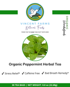 Front label of Vincent Farms Natural Foods Organic Peppermint Herbal Tea, Freshen breath