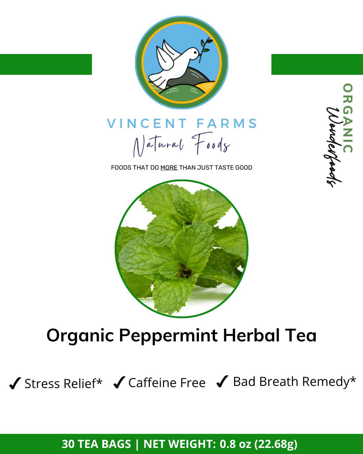 Front label of Vincent Farms Natural Foods Organic Peppermint Herbal Tea, Freshen breath