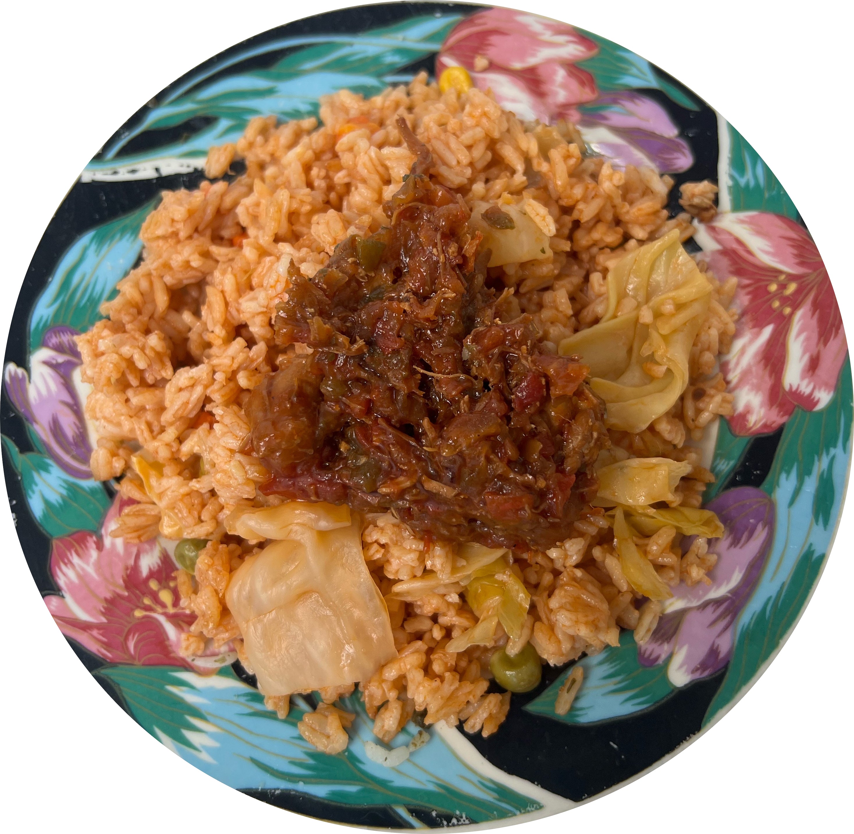Stew Gravy over Jollof, Hibiscus or Moringa Leaf Rice