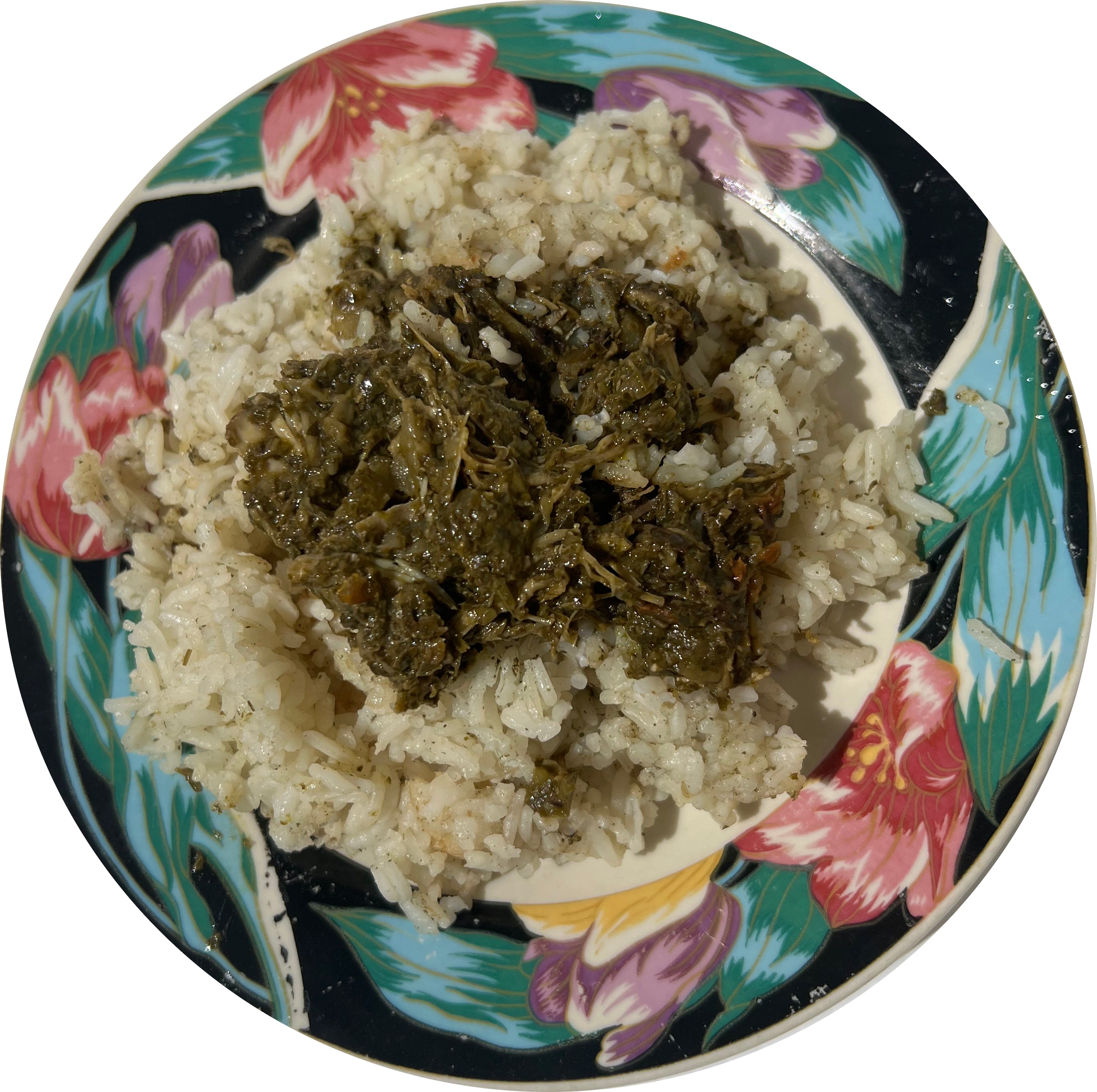 Cassava Leaf Sauce with Moringa or Hibiscus Leaf Rice