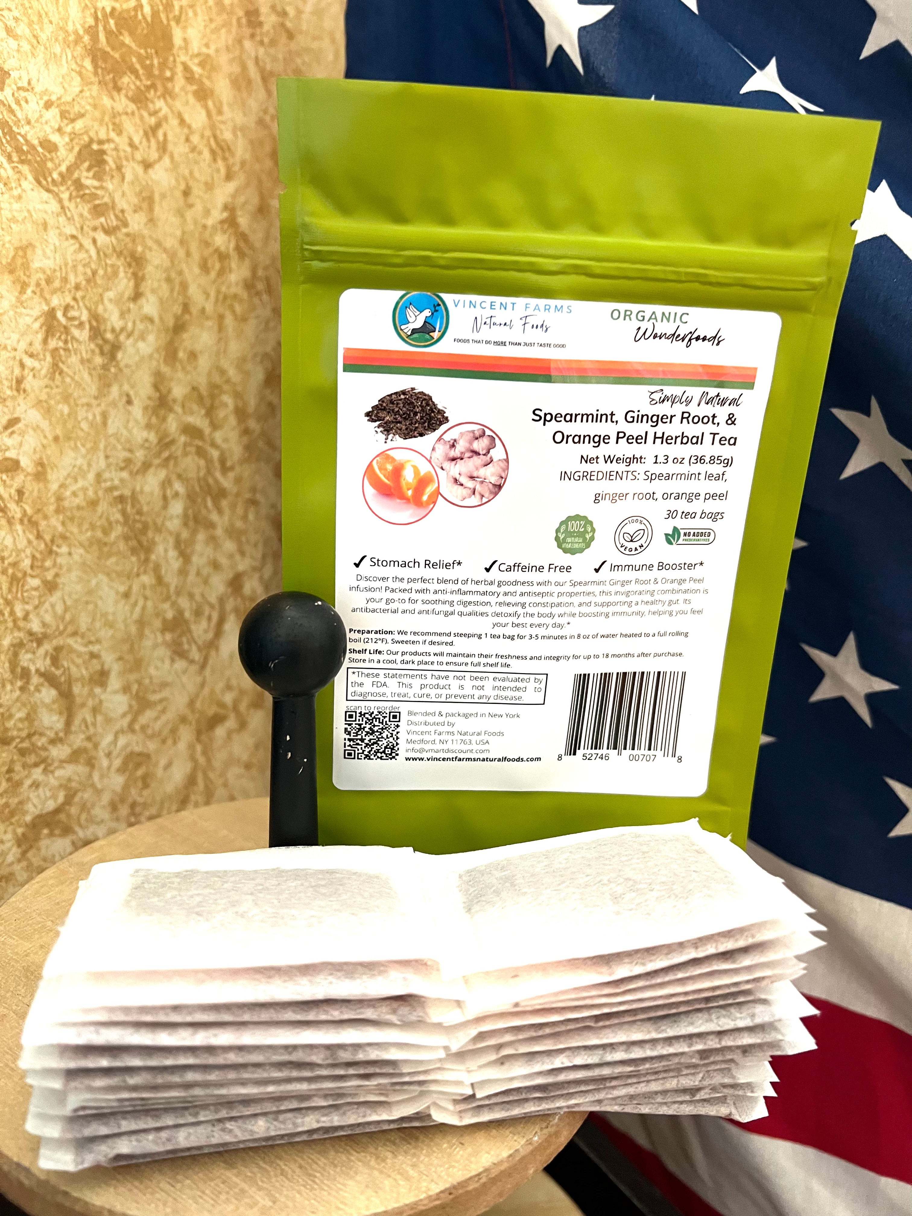 Spearmint Ginger Orange Peel Herbal Tea | Caffeine-Free, All Natural | 30 Tea Bags