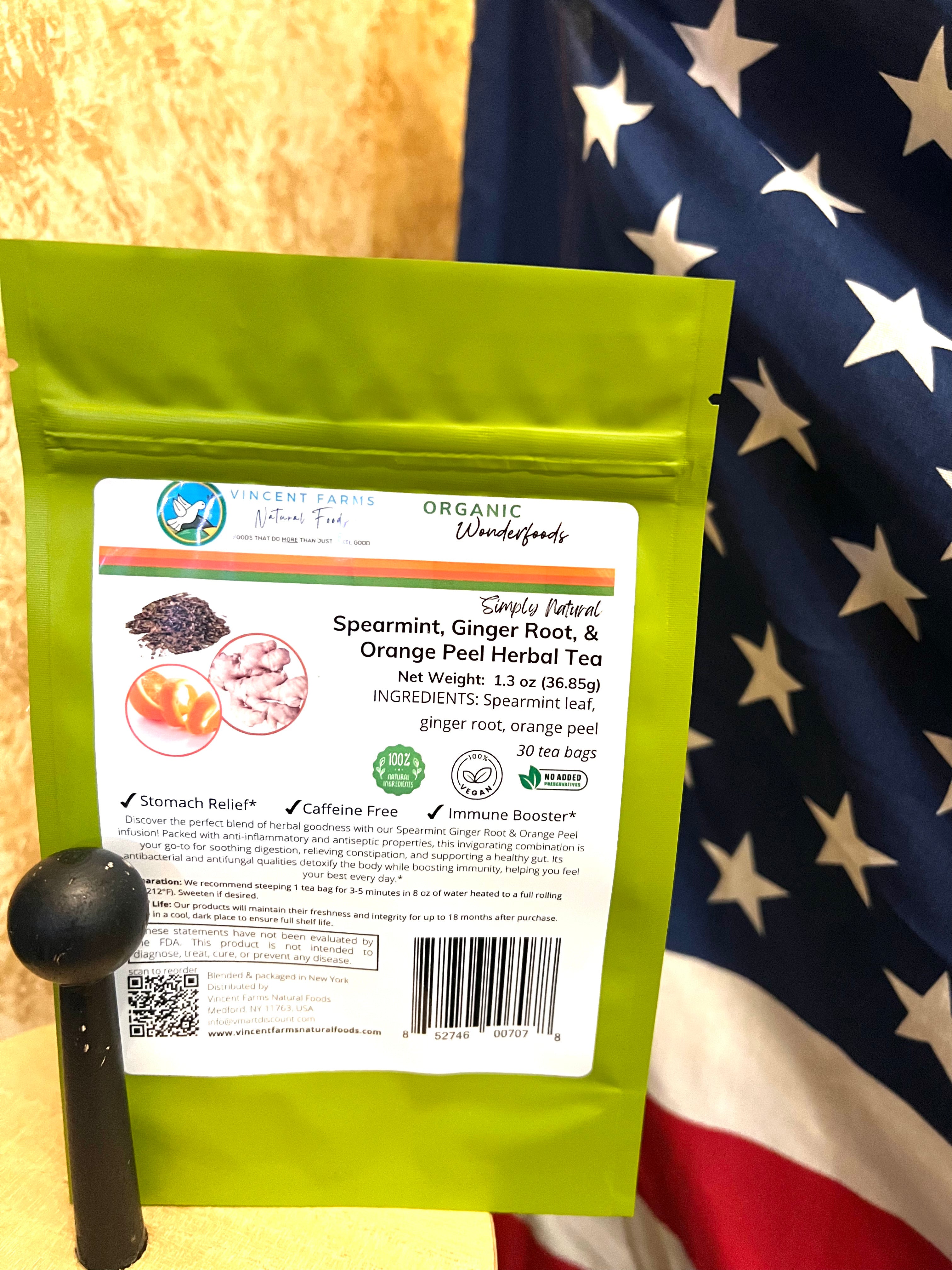 Spearmint Ginger Orange Peel Herbal Tea | Caffeine-Free, All Natural | 30 Tea Bags