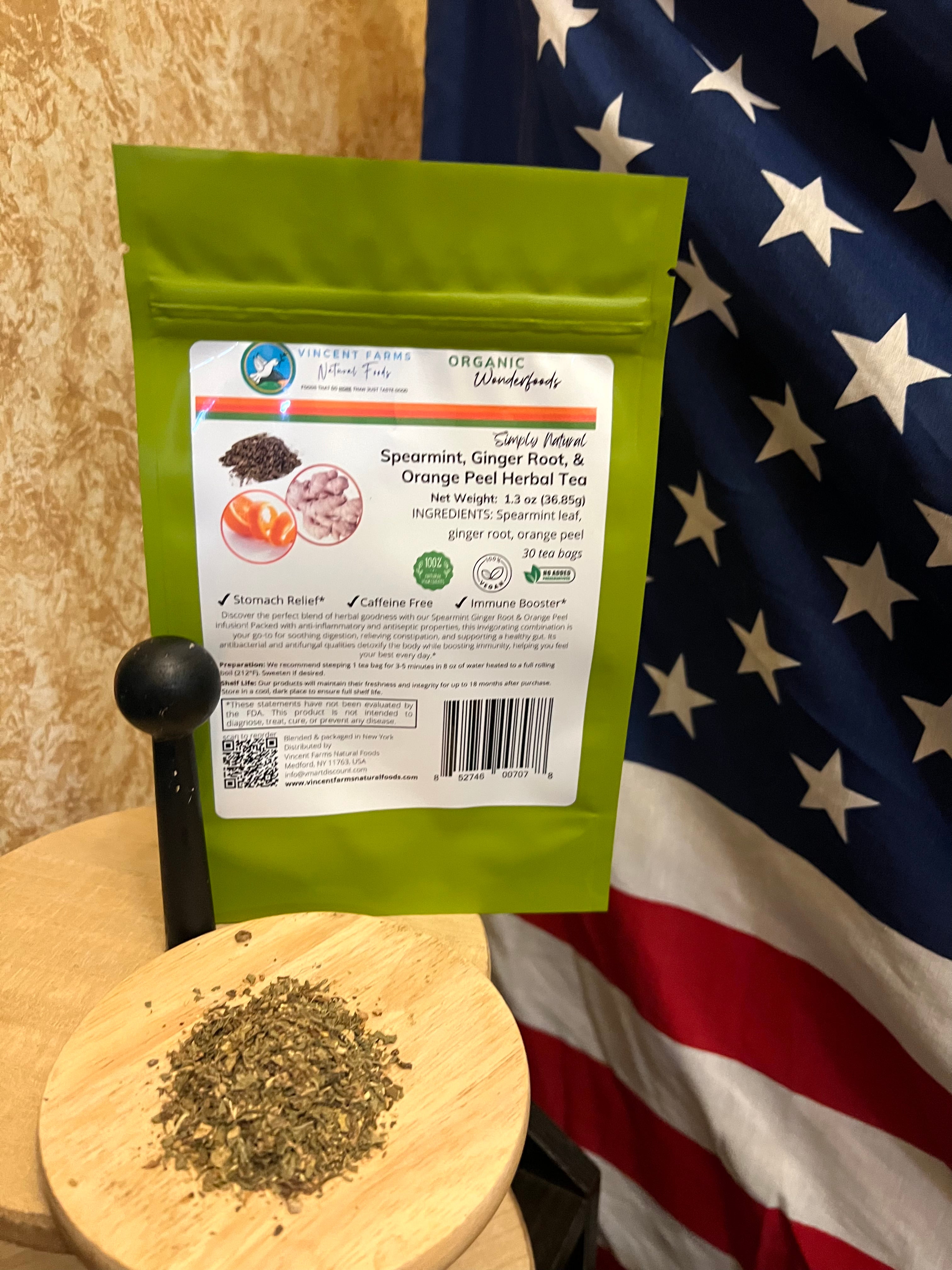 Spearmint Ginger Orange Peel Herbal Tea | Caffeine-Free, All Natural | 30 Tea Bags