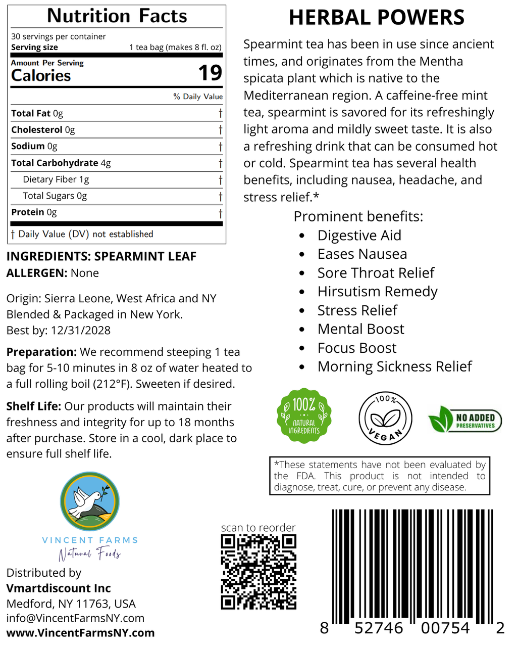 Back label of Spearmint Herbal Tea showing ingredients, brew directions, and West African farm-to-table origin