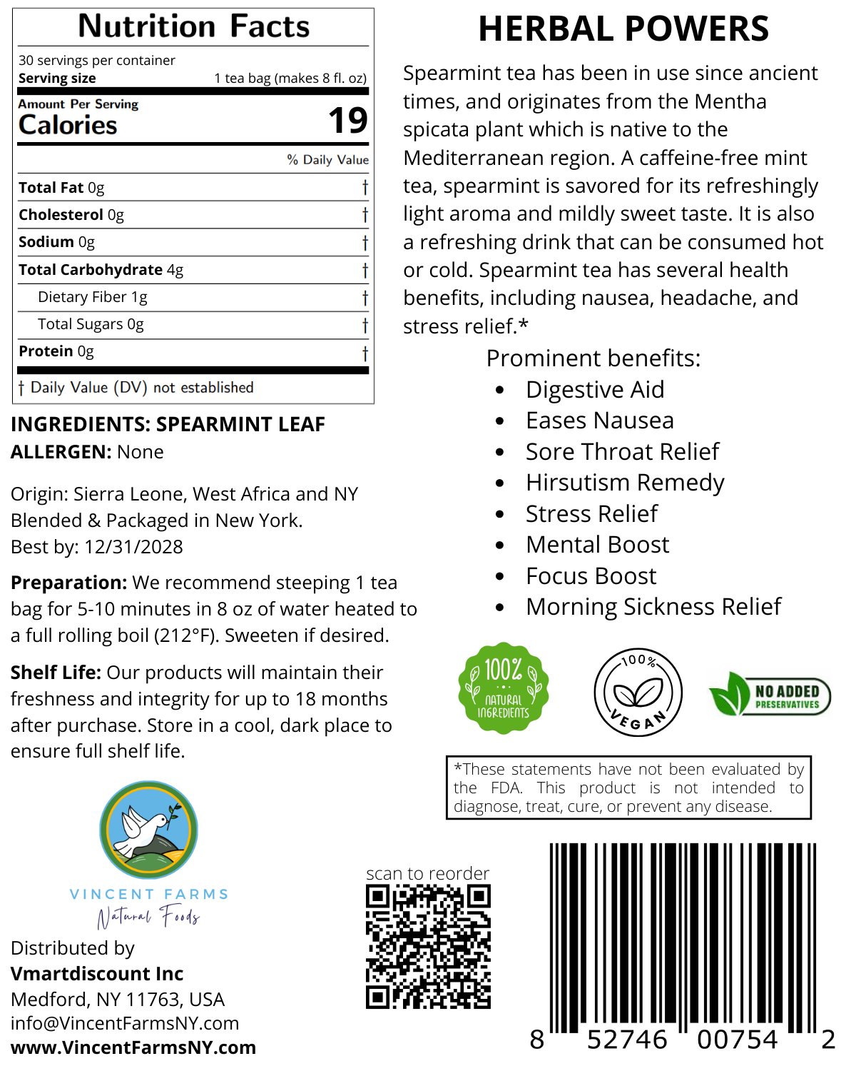 Back label of Spearmint Herbal Tea showing ingredients, brew directions, and West African farm-to-table origin