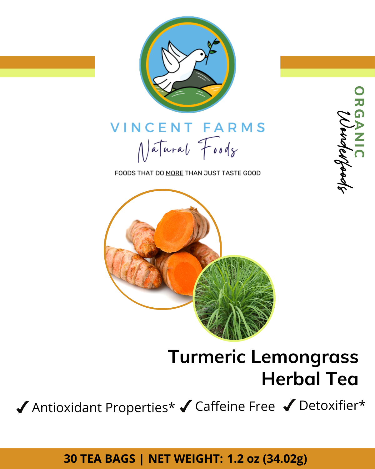 All Natural Turmeric & Lemongrass Herbal Tea front box — 30 caffeine-free anti-inflammatory tea bags by Vincent Farms Natural Foods
