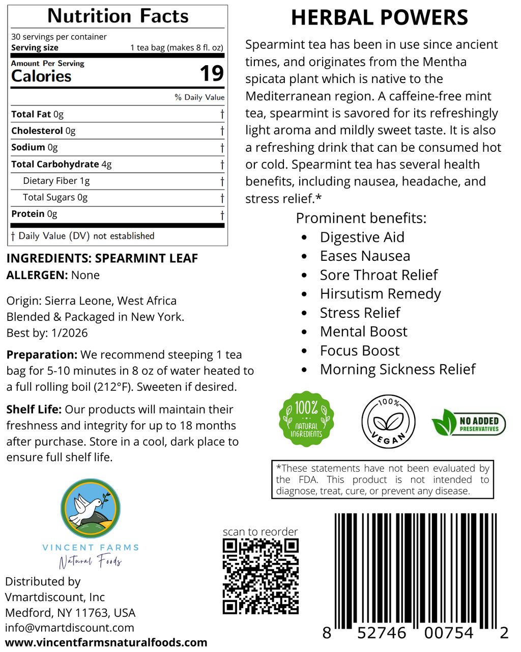 Back label of Spearmint Herbal Tea showing ingredients, brew directions, and West African farm-to-table origin